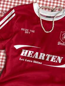 SHEIN 街头服饰复古红色运动校队风格字母撞色条纹，少女休闲简约贴身圆领短袖高腰短款常规 T 恤，适合夏季 - 彩色 - 查看 4