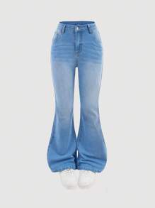 SHEIN Girlism Teen Girls Light Wash Denim Flared Jeans With Embellished Back Pockets, Perfect For Everyday Casual Style. Long Bell Bottom Design.