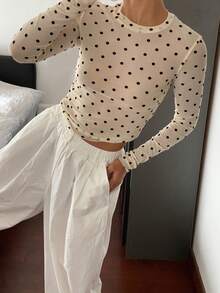 Dazy Tall Women's Round Neck Fitted Long Sleeve Casual Top With Flocked Polka Dot Mesh - Multicolor - View 5