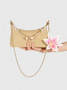 ROMWE Fairycore 1pc Tropical Vacation Style Sea Element Star Chain Decor Straw Shoulder Bag, Lily Flower Decor Underarm Tote Bag - Multicolor - View 2