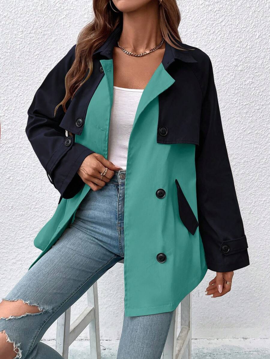EMERY ROSE Manteau trench casual ample à double boutonnage et manches longues avec blocs de couleurs. Tenues décontractées, vêtements de printemps pour l'université, vêtements d'automne et d'hiver pour femmes - Multicolore - Voir 1