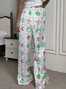 Aloruh Women's Low Waist Starfish Print Long Pants, For Spring/Summer Holiday