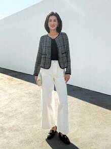 EMERY ROSE Damen lässige karierte Kurzjacke für den Herbst - Schwarz - Übersicht 3