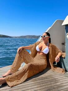EURMUSE Women Vcay Crochet Knit Three-Quarter Sleeve Kimona And Pant Cover-Up Set Ibiza Outfit
