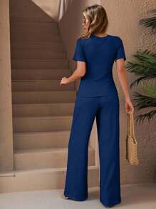 SHEIN Tall TALL SIZE TEXTURE SOLID COLOR TSHIRT & STRETCH ELASTICAL FIT WAIST STRAIGHT TEXTU PANT CO ORD SET - Navy Blue - View 2