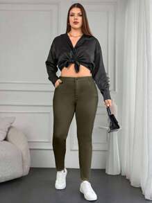 98%Cotton Plus High Waist Skinny Jeans - Green - View 5