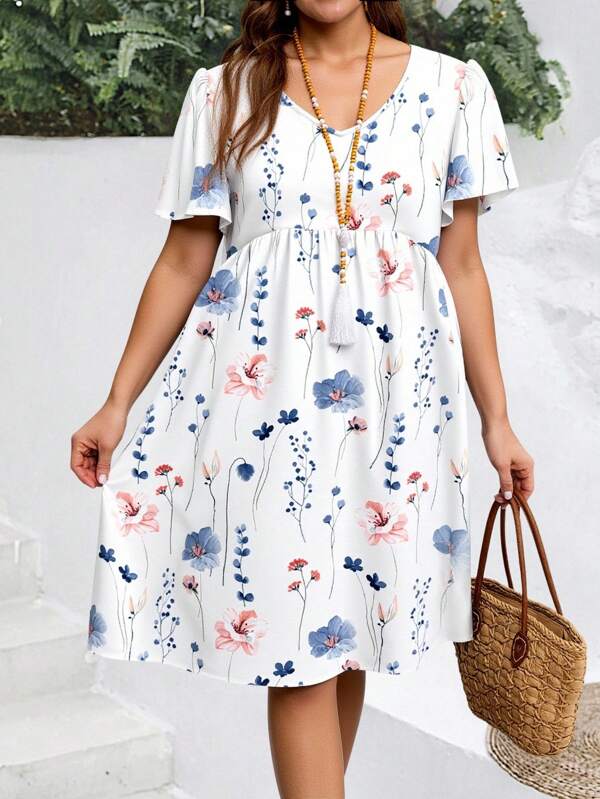 EMERY ROSE Rochie de festival de muzică, casual, minimalistă, stil de vacanță, albastră și albă, cu model floral, mărime mare, potrivită pentru vară