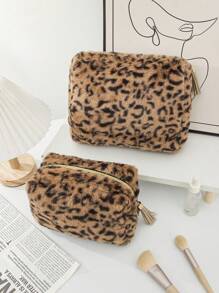 SHEIN 1 szt. Duża pojemność wielofunkcyjna torba podróżna do pielęgnacji, kosmetyczka z nadrukiem w panterkę, przenośna pielęgnacja skóry i przybory toaletowe, pluszowa kosmetyczka z nadrukiem w panterkę, duża pojemność, wysokiej jakości i słodka torba do przechowywania - Kolor khaki - Zobacz 3