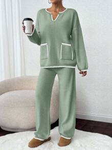 2 Stücke/Set Damen V-Ausschnitt mit Besatz Oversized Langarm Pullover mit Tasche und Strickjose Freizeitoutfit, Drop-Shoulder