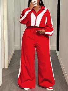 Slaydiva 2 sztuki/zestaw Plus Size Women 2025 Wiosna Jesień Swobodny Sportowy Strój Uliczny - Luźny Kontrastowy Kolor Patchwork Podzielony Hem Ściągacz Długi Rękaw Koszula Kołnierz Zamek Błyskawiczny Top I Ekstra Szerokie Nogawki Długie Spodnie, Tkanina Tkana - Czerwony i biały - Zobacz 5