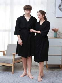 SHEIN 1 件轻便时尚浴袍，适合居家和海滩，速干亲肤，情侣家居服，简约格子浴袍夏季婚礼家居浴室装饰返校 - 黑色 - 查看 4