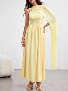 Modelyn Yellow Patchwork Bodycon Dress With Shawl Collar, Flattering, Spring/Summer - Yellow - View 8