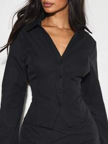 Top Estilo Camisa Ajustada KIZN, Botão Abaixo, Roupa Profissional de Escritório, Manga Longa com Colarinho, Carreira Formal, Negócios, Moda Feminina de Outono e Inverno - Preto - Visão 5