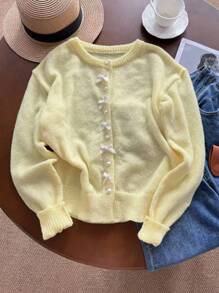 SHEIN LUNE Cardigan décontracté fin pour femmes avec nœud papillon et boutons