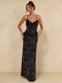 SHEIN BAE Váy thiết kế sequin hoa cho nữ, thanh lịch cho những dịp tiệc tùng - màu đen - Xem 5