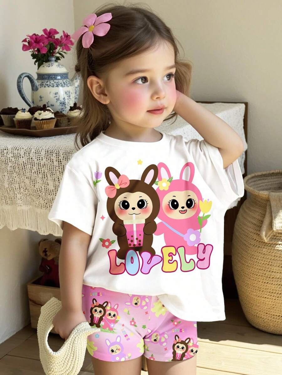 SHEIN 可爱休闲风格花卉和动物印花粉色 T 恤和修身自行车短裤套装，适合女婴，可爱卡通图案，圆领宽松短袖，适合春夏季，清凉夏日 - 彩色 - 查看 1