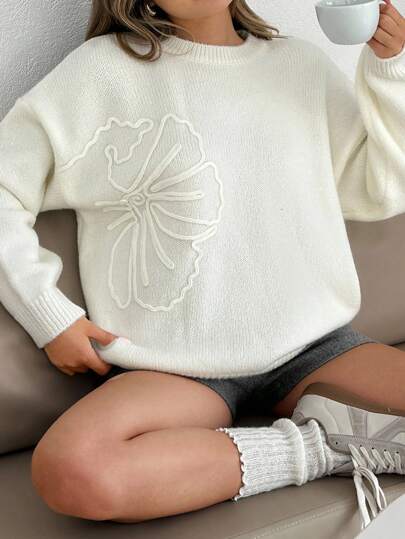 SHEIN Women's Floral Pattern Dropped Shoulder Long Sleeve Loose Casual Sweater,Jumper,Cream Jumper,Jumpers,Black Jumper,Womens Jumper,White Jumper,Women's Jumper,Women's Jumpers,Winter Clothes