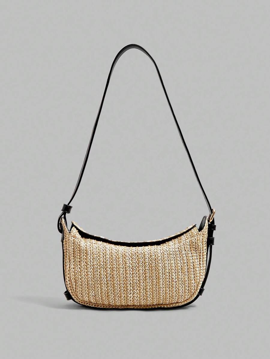Ontre Bolso de hombro con patrón de esterilla de paja - Negro - Ver 1