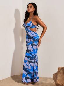 Opulessa Woven Printed Cutout Backless Slip Dress For Women  Holiday Outfits Summer Outfits Vacation - Blue - View 2