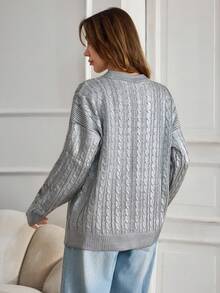 EURMUSE Shimmer Detail Cable Knit Sweater With Relaxed Fit For Effortless Chic Looks Metallic Sweater Women Silver Sweater Women Cable Knit Sweater Women Knit Top Womens Pullover,Jumper,Cream Jumper,Jumpers,Black Jumper,White Jumper,Women's Jumper,Women's Jumpers,Winter Clothes - Grey - View 5