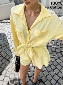 Siren Gaze Thời trang! Trang phục giáo viên dành cho nữ - Trang phục sân bay dành cho nữ 2025 Hàng mới về Áo sơ mi dài tay trễ vai màu trơn kèm quần short thường ngày 2 món dành cho nữ - Áo sơ mi vàng dành cho nữ, lý tưởng cho công việc, hàng ngày, đi làm, đi chơi - Phong cách quý tộc, phải có cho mùa thu và mùa hè - Màu vàng - Xem 2