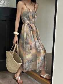 DAZY Women's V-Neck Floral Print Mid-Calf Belted Summer Vacation Dress Maxi Dress Cruise Outfit For Women Boho - Apricot - View 3