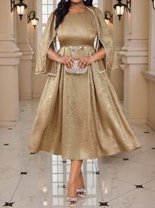 Fleurora 春夏秋冬优雅派对婚礼酒会圣诞节金色金属钻石锁子甲珍珠 3D 玫瑰加大码纯色休闲连衣裙，适合夏季巡航装女士 - 金色 - 查看 3