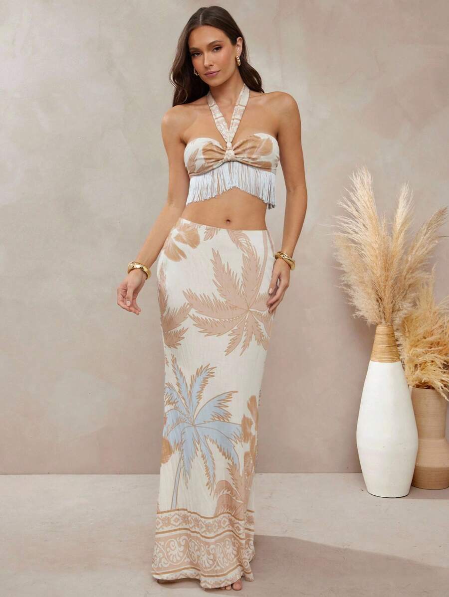 L'Amorae Summer Tropical Print Summer Maxi Skirt - Apricot - View 1