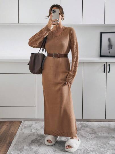 SHEIN Einfarbiges Sweatkleid mit V-Ausschnitt und Drop Shoulder Langarm