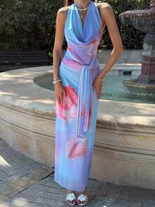 Aloruh Summer Holiday Deep V Neck Halter Slit Tight Mesh Dress For Women With Oceanic Print - Multicolor - View 4