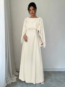 Firerie 女士杏色圆领喇叭袖收腰A字连衣裙。优雅日常连衣裙，适合通勤、正式、浪漫、约会、婚礼季、毕业典礼、演出、音乐会、工作场合。 - 杏色 - 查看 7