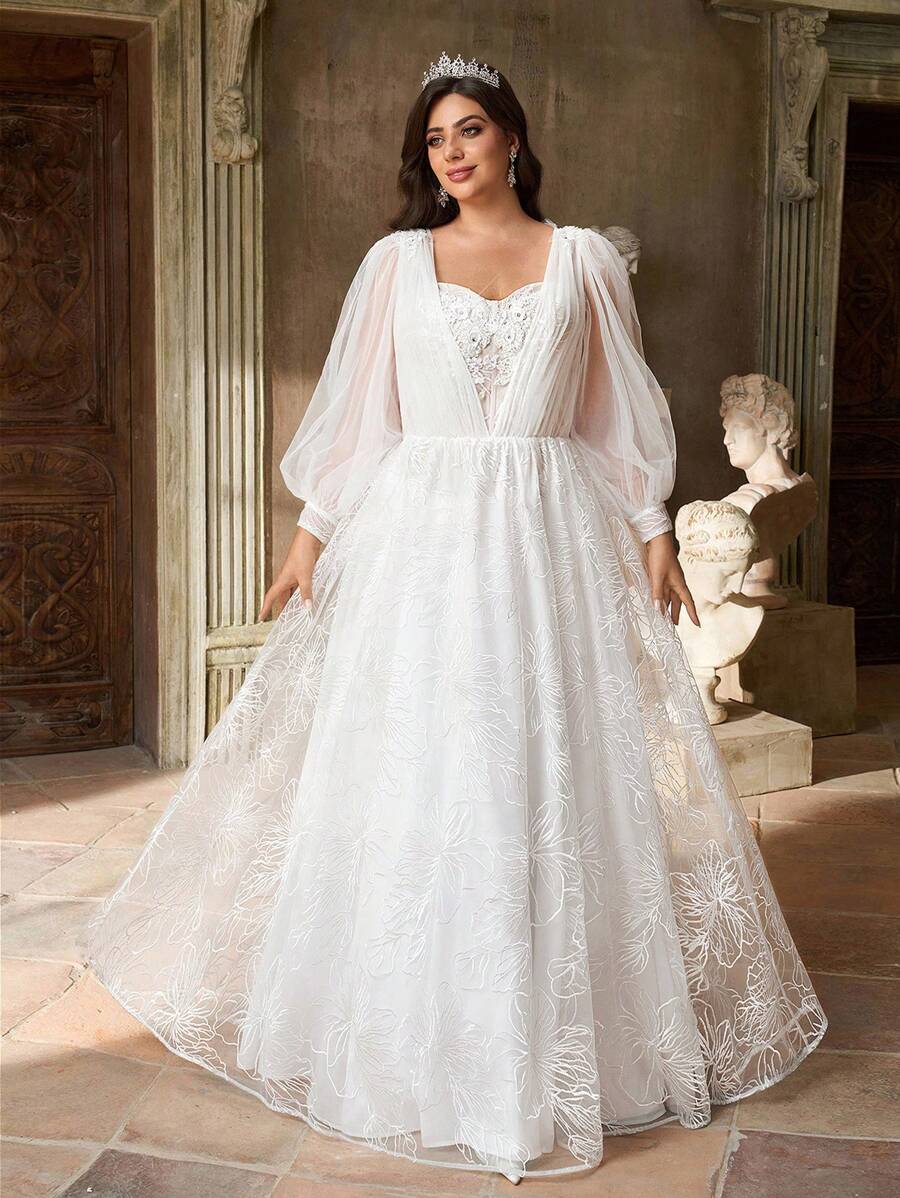 Aureia 加大码优雅浪漫奢华白色串珠刺绣透明灯笼袖花卉贴花加大码喇叭下摆连衣裙，适合晚会、度假、蜜月、舞厅、婚礼、新娘 - 白色 - 查看 1