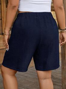SHEIN LUNE Quần short nữ cỡ lớn màu trơn, thắt eo, có túi, dáng rộng thoải mái, màu xanh navy, quần short mùa hè, quần short thường ngày, quần short cạp chun, quần short đi nghỉ mát - Màu xanh hải quân - Xem 3