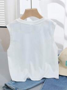 SHEIN 男童夏季休闲无袖上衣，简约字母印花 - 白色 - 查看 3