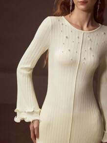 MOTF PREMIUM VESTIDO DE SUÉTER DE AJUSTE SLIM SIN CINTURÓN CON MANGAS DE CAMPANA DE PERLA FALSA - Albaricoque - Ver 4