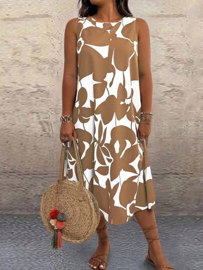 EMERY ROSE Große Größen Allover Allover Muster ärmellos Rundausschnitt Lässig Sommerkleid