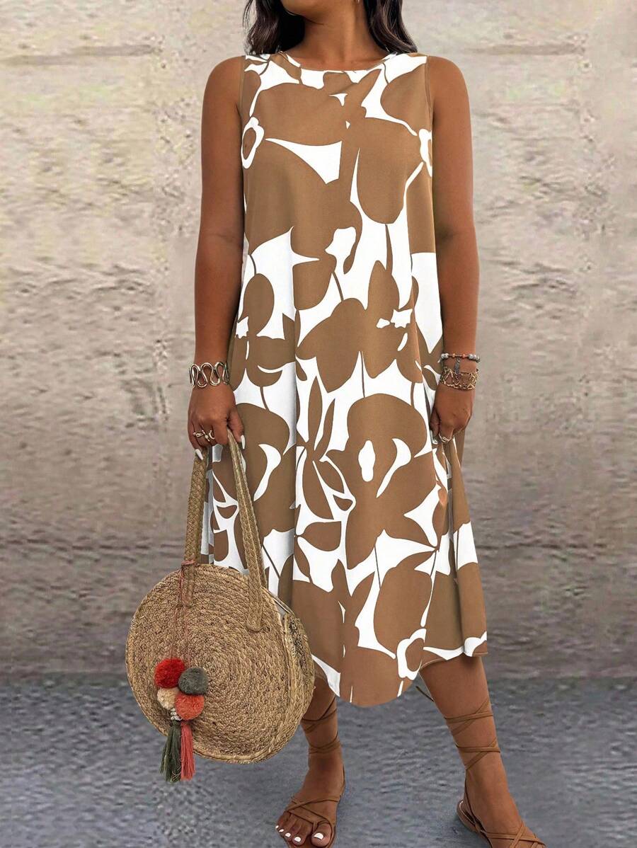 EMERY ROSE Plus Size Allover Allover Print Sleeveless Round Neck Casual Summer Dress - Khaki - View 1