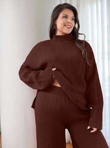 EURMUSE OLUS SIZE HIGH NECK CASUAL SWEATER CORDS - Brown - View 6