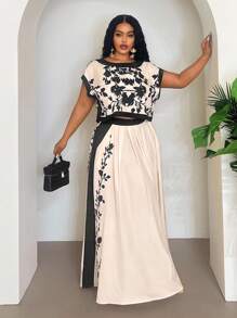 Veslaya Plus Size Floral Print Short Sleeve Top And Pocketed Skirt, Casual 2 Pieces Set Plus Size Floral Two Piece Set Maxi Skirt Two Piece Set