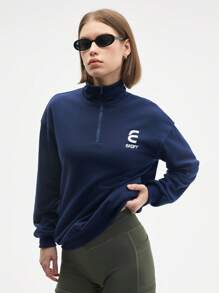 Gameset SHEIN Sport Women's Blue Drop Shoulder Long Sleeve Half-Zip Sport Sweatshirt With Letter Print For Workouts,Teacher Outfits For Women,Back To School - Grey - View 4