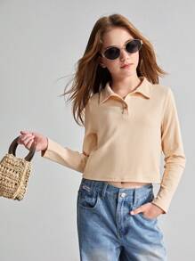 Ontre Tween Girls' All-Match Solid Color Polo Neck Long Sleeve T-Shirt - Apricot - View 5