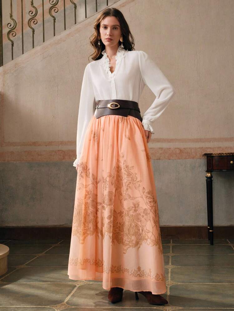 Falda plisada de línea A con estampado floral naranja para mujer