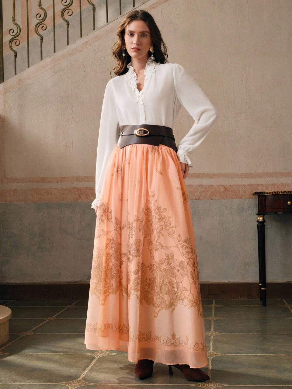 Floral Print A-Line Pleated Orange Skirt For Women