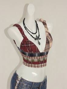 SHEIN ICON Women's Multi-Color Plaid Patchwork Tie Knot Strap Tank Top Plaid Top Plaid Set Scarf Top Buckle Top Aesthetic Tops - Multicolor - View 8