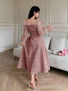 Feyla Women's Solid Color Square Neck Ruffle Hem Long Sleeve Dress Long Evening Dresses Rose Dress Pink Dress Summer Dress - Pink - View 3