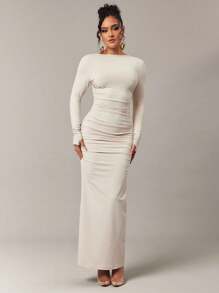 Silquee 女士优雅纯色褶皱长袖连衣裙，简约设计 - 卡其色 - 查看 5