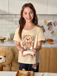 SHEIN 2pcs/Set Cute Bear Print Short Sleeve Top And Long Pants Pajamas Set For Girls
