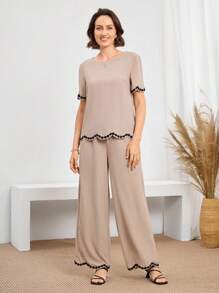 Miaspire Lässiger Khaki-Outfit, mit Stickerei- und Bordüren-Dekorationselementen, 2-teiliges Hemd & Hose Set, Vintage-Kleidung für Frauen, Old Money Stil für Frauen, Lehreroutfit für Frauen, Flughafen-Outfit für Frauen, Zweiteiler Hosen Set für Frauen, 2-teiliges Lässig Set für Frauen, Bluse und Hose Set für Frauen, Top und Hose Set für Frauen, Zweiteiler Outfit für Frauen