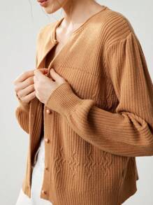 Uhlyne Women Casual Viscose Knit Solid Round Neck Commuter Elegant Cardigan For Summer & Autumn,Minimalist,Business Casual,Holiday Outfits,Work Wear,Teacher Outfits,Back To School,Fall,Old Money Style - Khaki - View 5