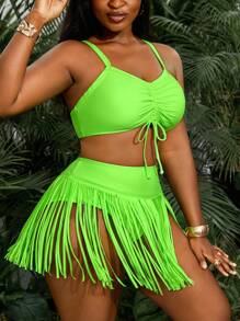 Slaydiva 大码女式度假露背流苏比基尼套装，2 件套 - 綠色 - 查看 5